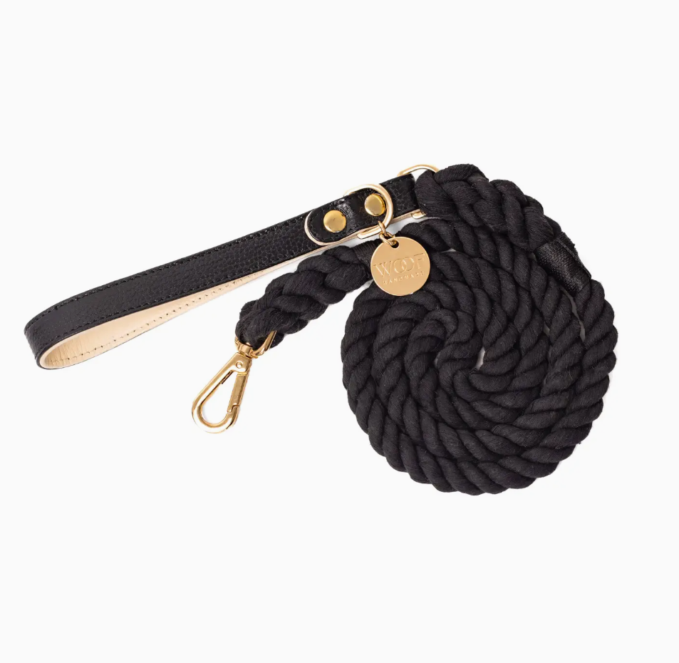 Leather Collar and rope leash black