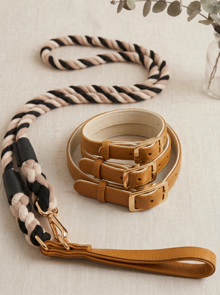 Leather Collar and rope leash burnt brown