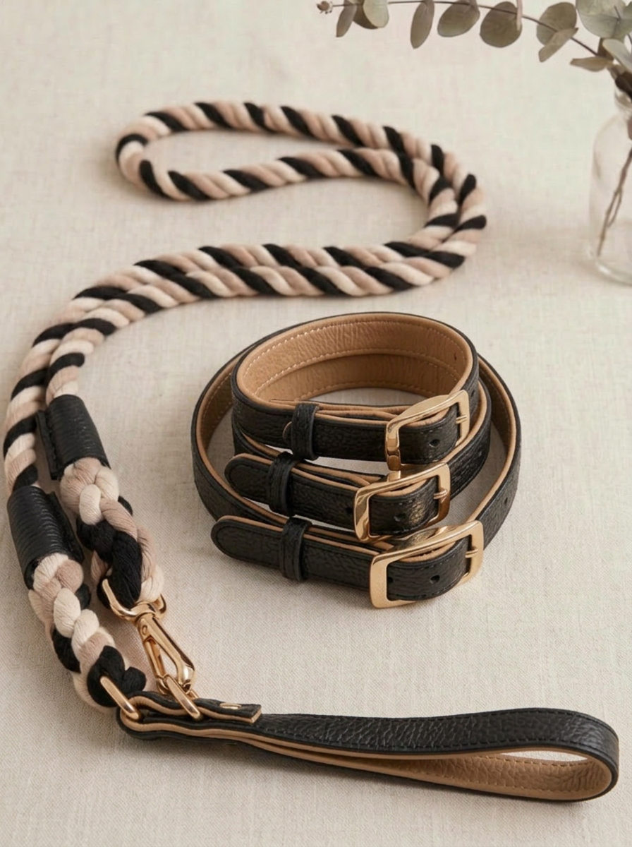 Leather Collar and rope leash dark mocha