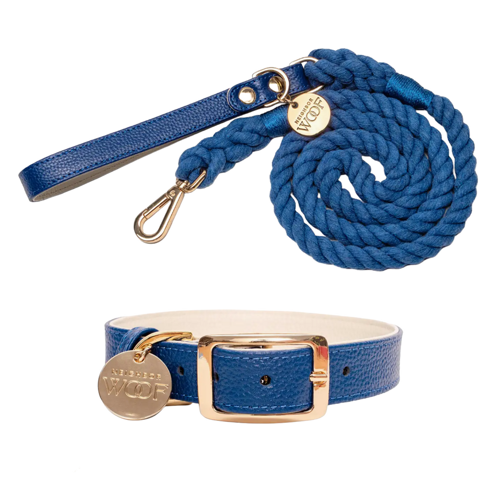 Leather Collar and rope leash Blue
