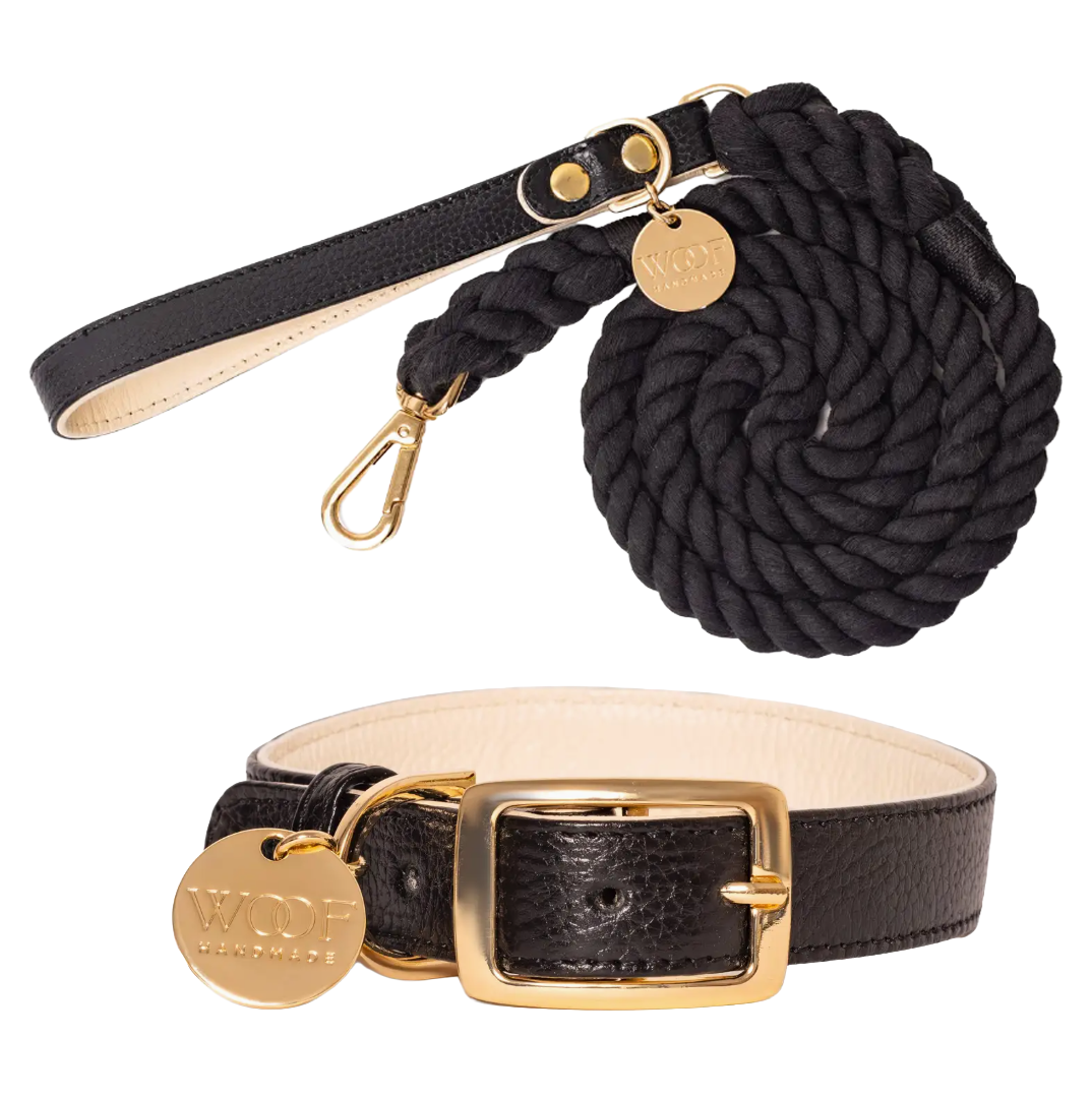 Leather Collar and rope leash black