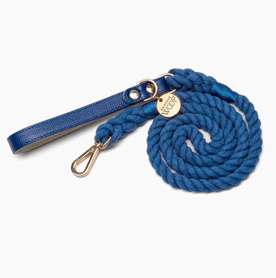 Leather Collar and rope leash Blue