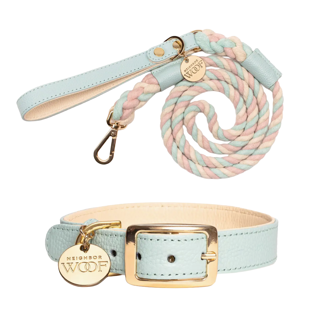 Leather Collar and rope leash dark light blue