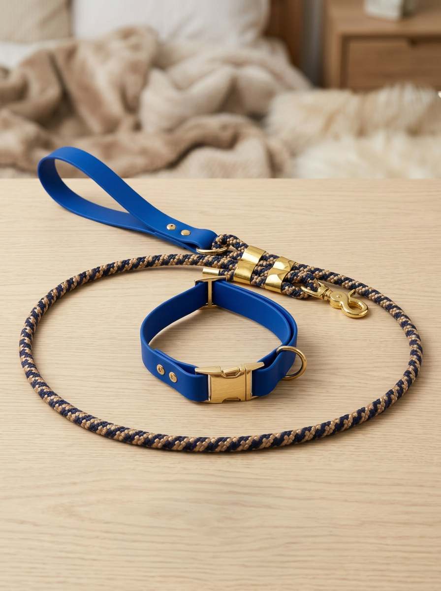 Rich navy bio-thane collar and rope leash