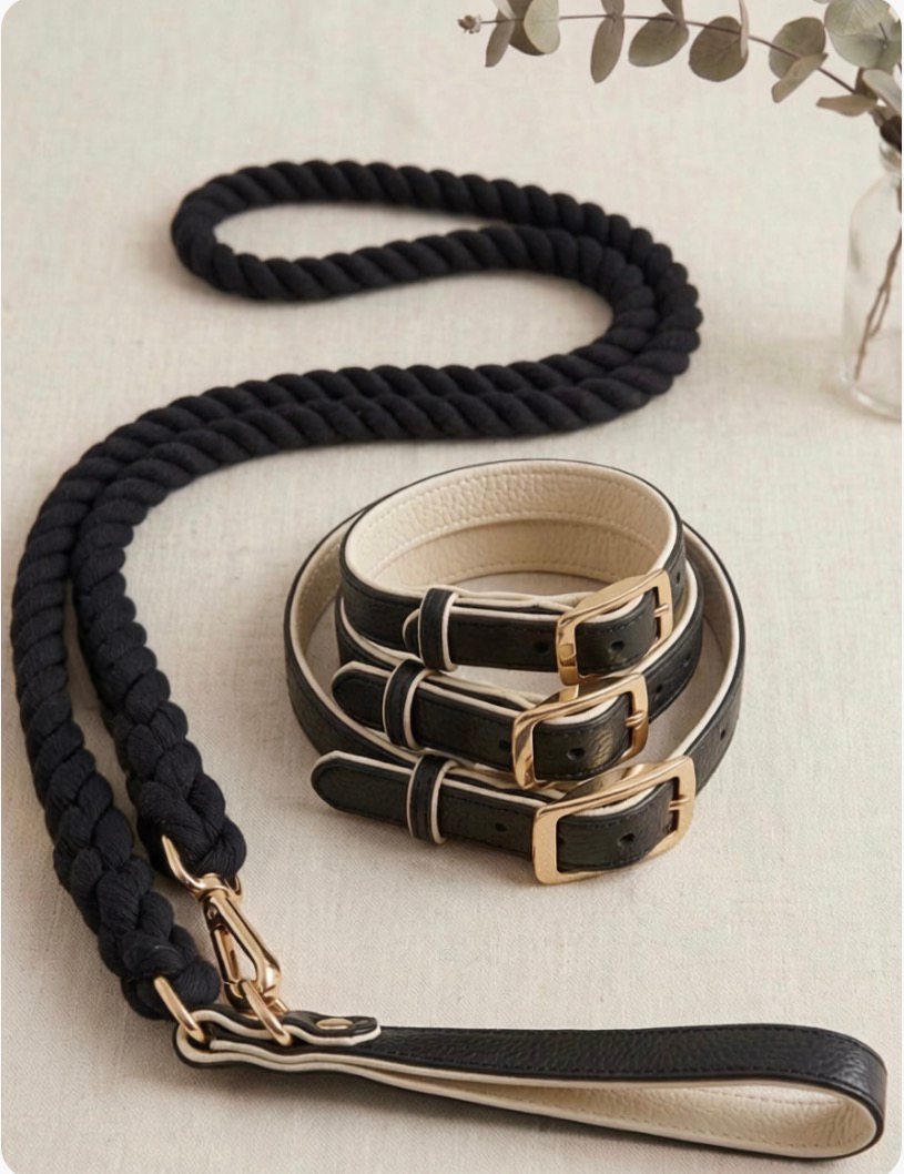 Leather Collar and rope leash black