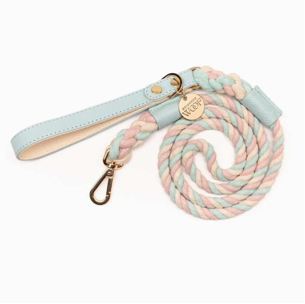Leather Collar and rope leash dark light blue